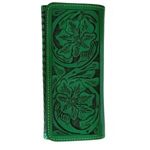Hand tooled leather wallet trifold Green 7 1/2"x 4" BOHO Chic Mexican Artisan
